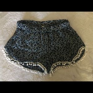 Black & white floral shorts with Pom Pom edges/hem